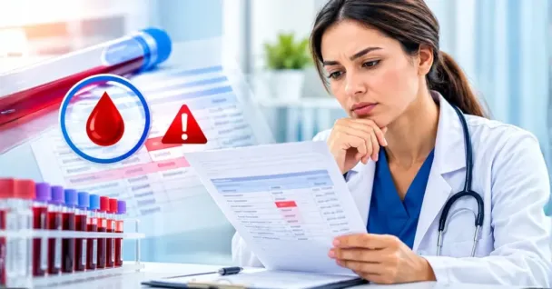 Doctor reviewing a blood test report with abnormal results and red flags