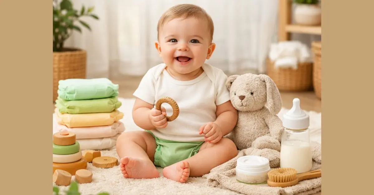 Smiling baby sitting on a rug with eco-friendly baby products around, including cloth diapers, wooden toys, organic cotton clothing, glass feeding bottle, and natural skincare items, representing sustainable and eco-friendly baby care in Dubai